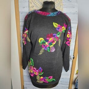 Vtg 80's Floral Sequin Embellished Black Pullover Sweater